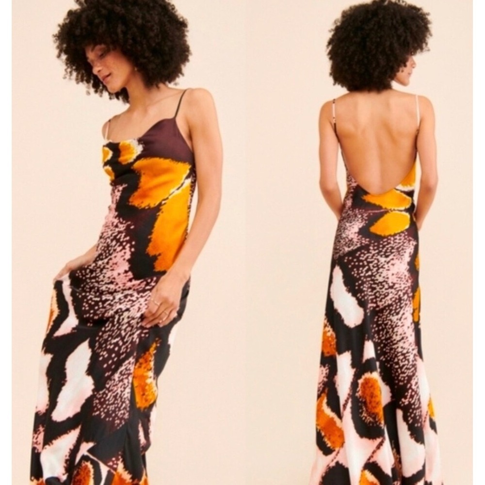 Chufy Antarctic Print Silk Open Back Cowl Neck Midi Dress Large